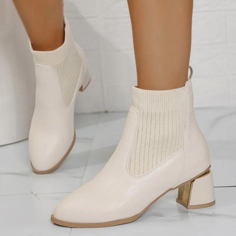 2025 Slip-on Women's Fashion Short Boots Leather Round Toe Thick Heel Solid Autumn Casual Ankle Boots Comfortable Shoes Ladies