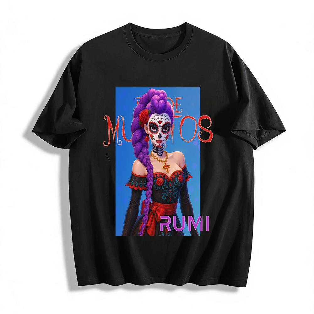 

Rumi Day of the Dead Purple Hair Catrina Print Off-Shoulder Top Holiday Culture Tee Pure cotton T-shirt XXS