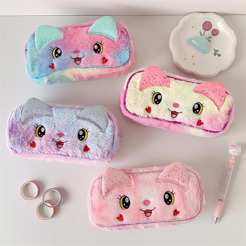Cute Big Eyes Cat Animals Plush Pencil Cases Large Capacity Cosmetic Bags Portable Travel Storage Bag Student Stationery Gifts