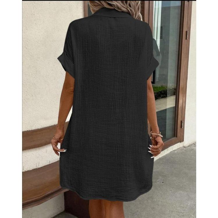 Loose Casual Midi Dress Women Solid Color Single Breasted Short Sleeve