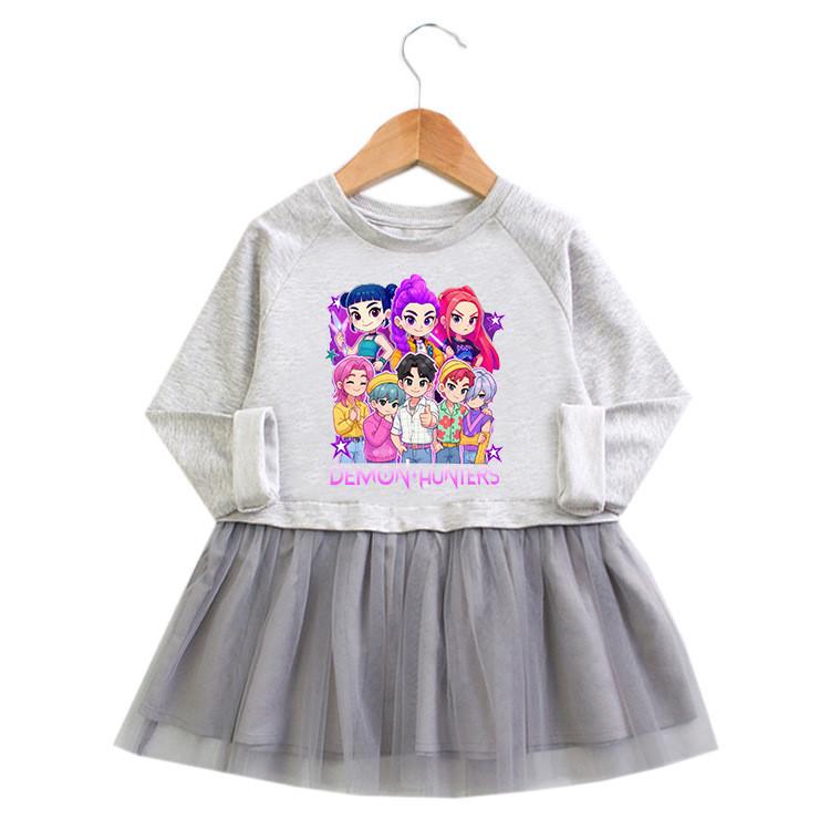 Multi-color Girls Kpop Rumi Zoey Mira Hunters Print Pleat Mesh Dress