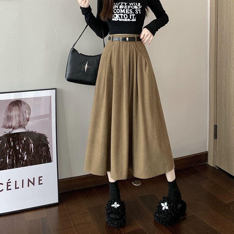 Mid Long Skirts Womens Corduroy Skirt Autumn Winter Korean Vintage High Waist Ruffle Pleated Skirts with Belt