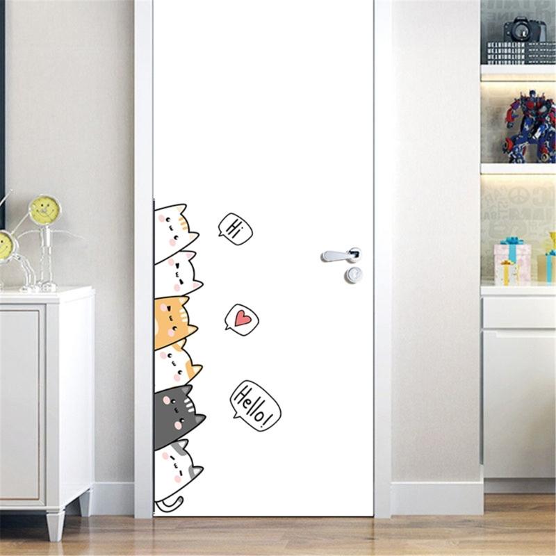 Cartoon Kitten Stacking Door Sticker for Kids Room Nursery Decors Easy to Apply Removable PVC Decal Wall Decoration