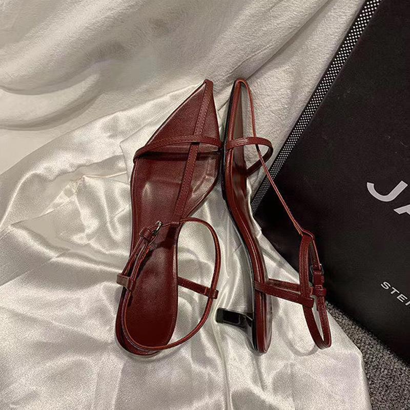 fashion Women Fashion Sandals Thin Low Heels Pointed Open Toe Ankle Strap Dress Shoes Solid Color Summer Ladies Thin Low Heels Sandals