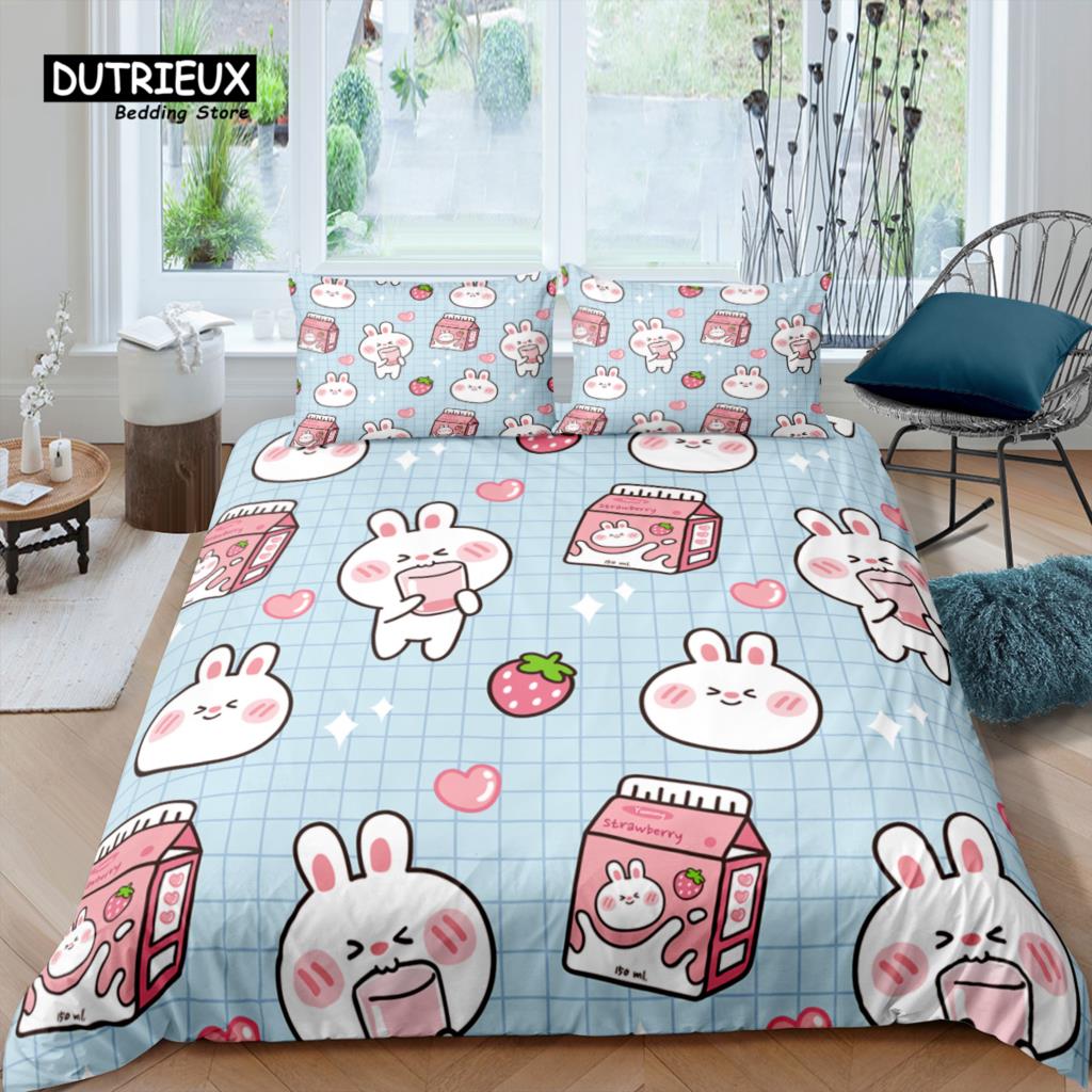 Home Living Luxury 3D Strawberry Bedding Set Kids Duvet Cover Pillowcase Rabbit Bedding Set Queen and King EU/US/AU/UK Size