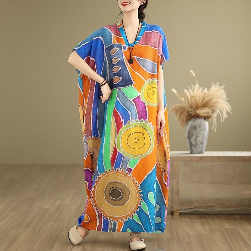 Krátký rukáv Nadměrná velikost vintage květinová novinka v šatech pro ženy ležérní volné Maxi dlouhé letní šaty