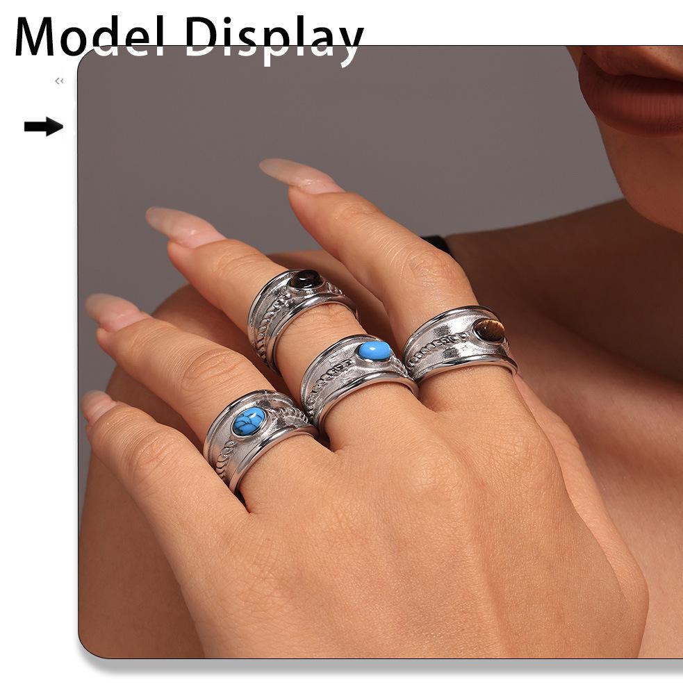 Mili Blue Turquoise Tiger Eye Stone Twist Pattern Stainless Steel Ring for Women, PVD Gold-Plated, Pinky Ring, In Stock