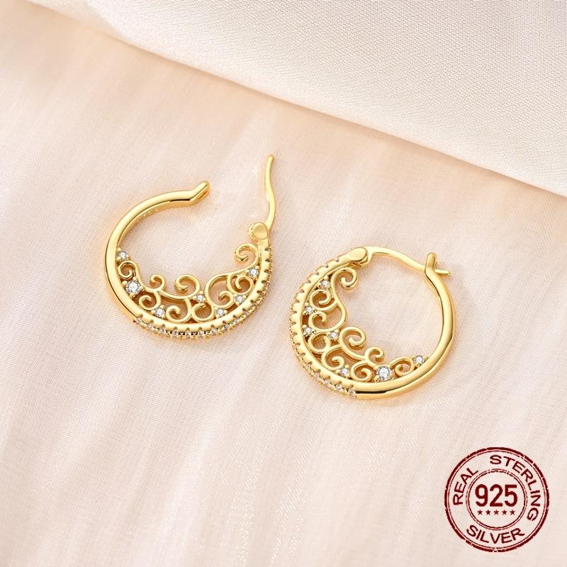 925 Sterling Silver Golden Filigree Hoop Earrings Vintage Scroll Pattern CZ Large Circle Earrings Jewelry Gift for Women Girls