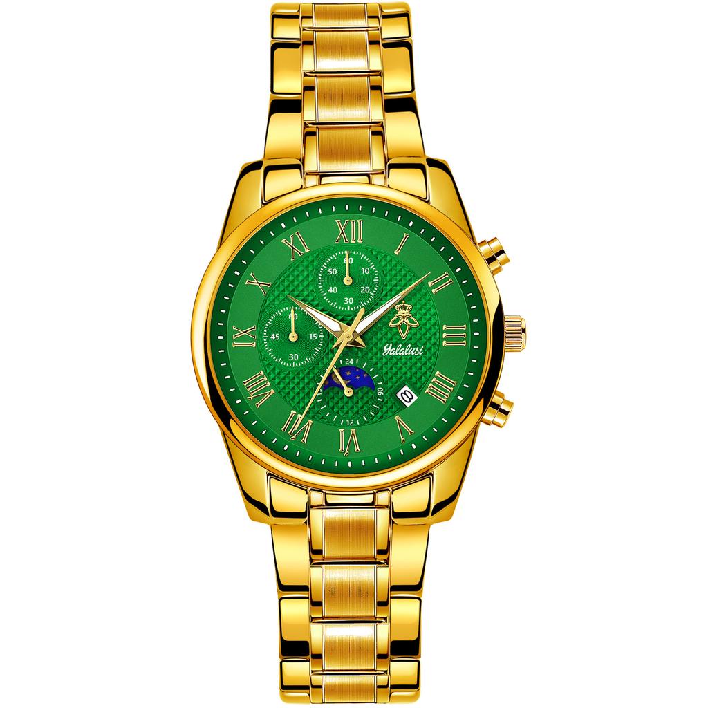 Yalalusi Luxury Gold Shell Roman Scale Multi-Function Men'S Watch, Three-Eye Chronograph Waterproof Business Watch
