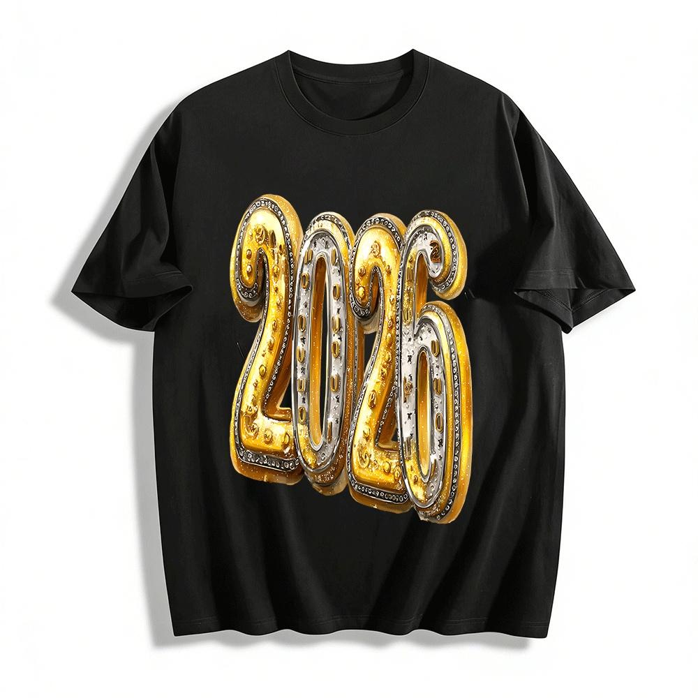 

2026 New Year Themed Gold Silver Print Casual Versatile Top Pure cotton T-shirt XXS