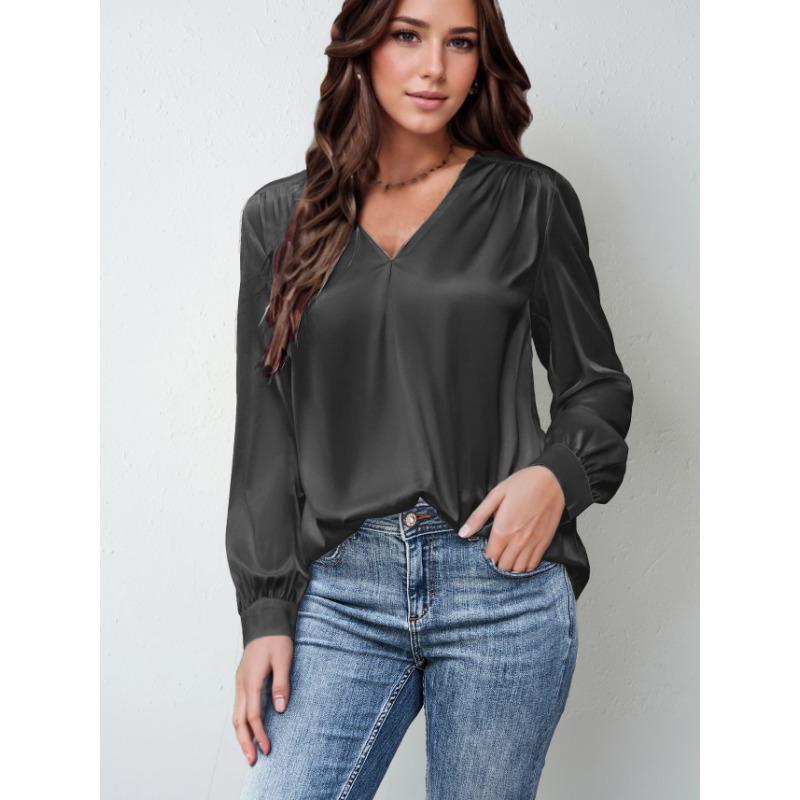 Plus Size Women's Pleated Long Sleeve V Neck Casual Loose Commuter Top