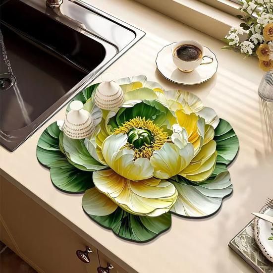 Yousheng 3D Dish Drying Mat Absorbent Kitchen Drying Mat Floral Reusable Washable Dish Drying Pad Non-slip Dish Rack Mats for Kitchen Counter