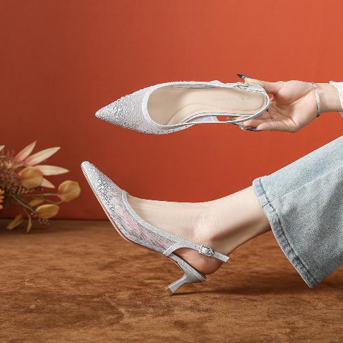 Fashion Stiletto Heel Pointed Toe Mesh Women Sandals Full Rhinestone Elegant Comfortable Open Back High Heels Summer Shoes