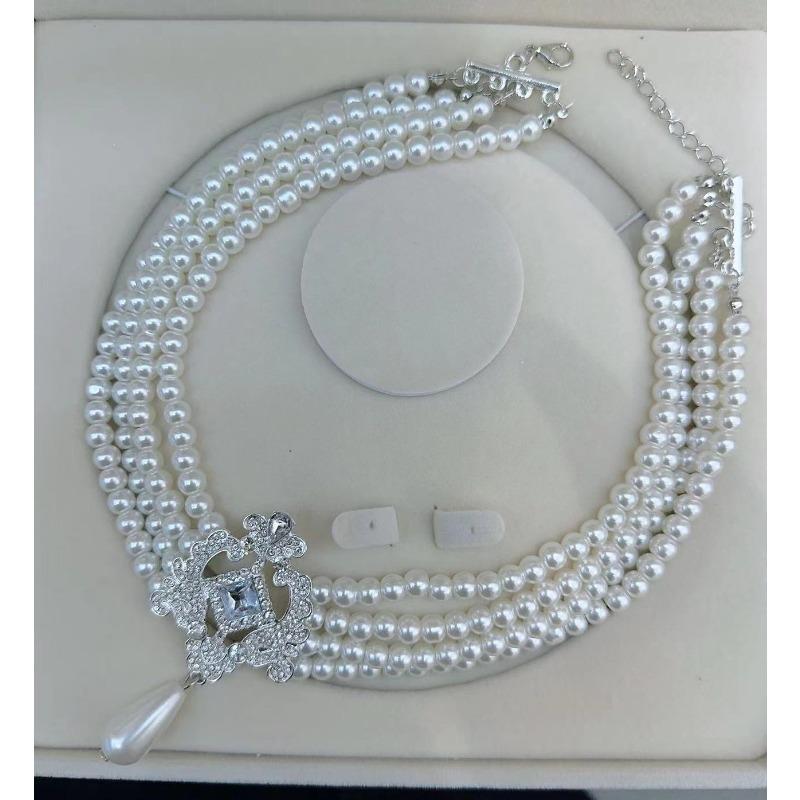 Комплект из квадратного хрустального ожерелья и винтажного колье с бусинами из имитации жемчуга белый