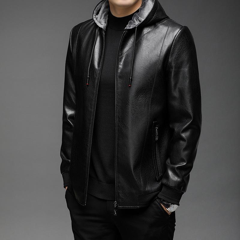 Velvet Thickened Leather Jacket Men's Autumn and Winter New Hooded Soft Leather Jacket Jacket Men's Casual Loose Leather Jacket Men's Clothing