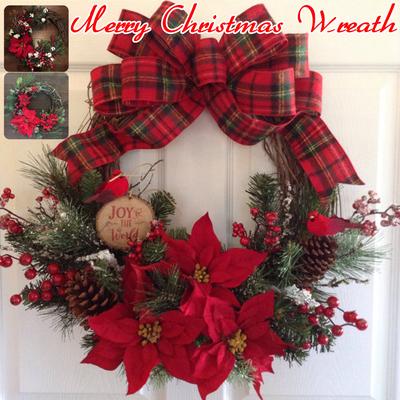 LOTS OF BEAUTIFUL DETAIL CHRISTMAS RATTAN POINSETTIA WREATH 45CM