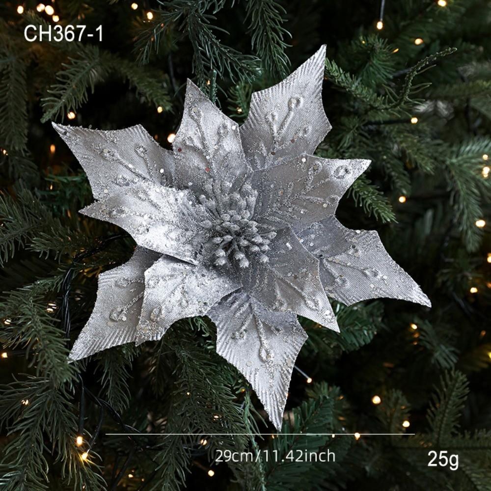 

29CM Artificial Poinsettia Flower Gold Red Glitter Sequins Simulation Flowers Sparkling Sequins Flower Christmas Tree Accessory срібний