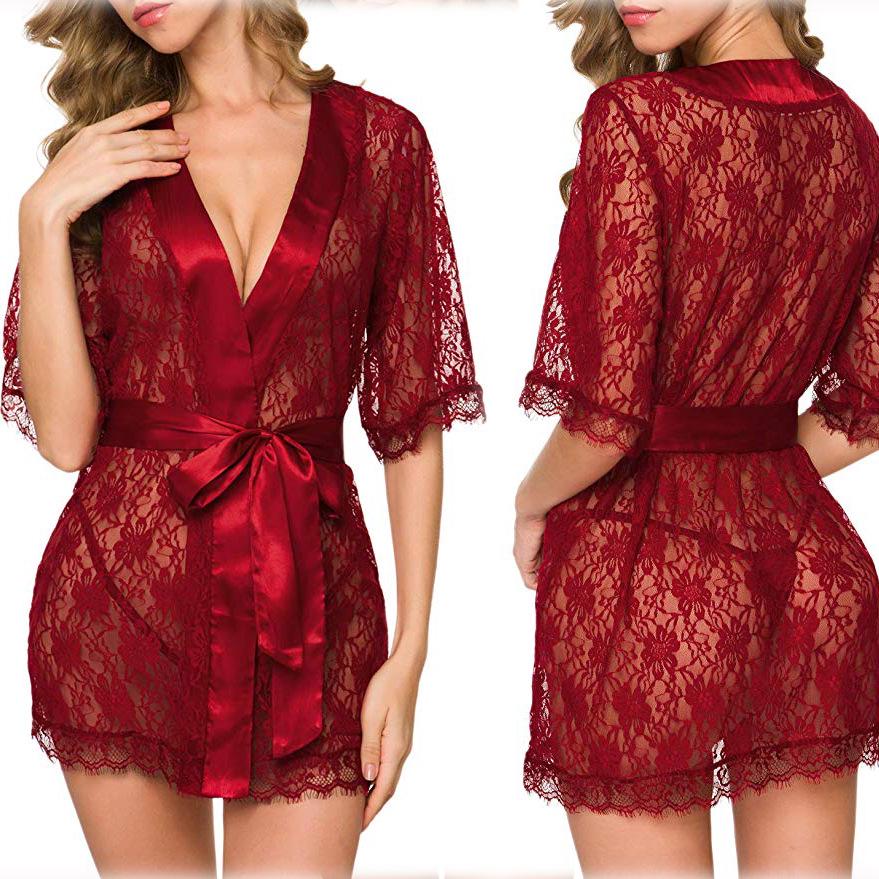 European and American Style Sexy Women's Lace Hollow-Out Lingerie Nightgown Set