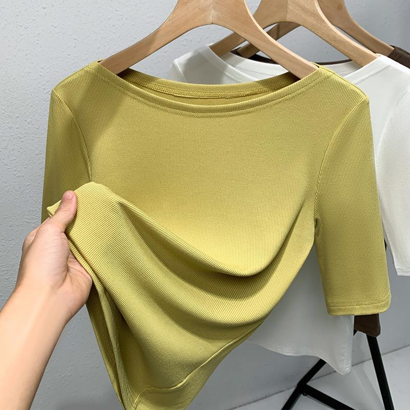 Medium-sleeved T-shirt Women's New Women's Clothing Solid Color Half-sleeved T-shirt Temperament One-word Shoulder Elastic Waist Top