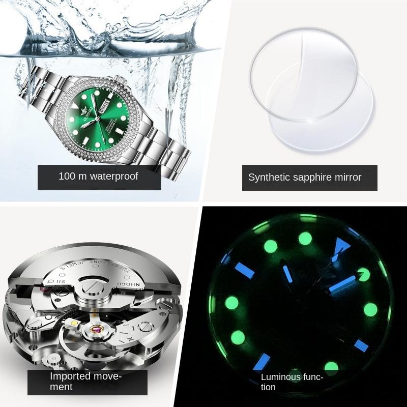 OUPINKE Brand Small Green Watch Light Luxury Diamond Set Fashion Trend Luminous Machine Watch Women Watch Women