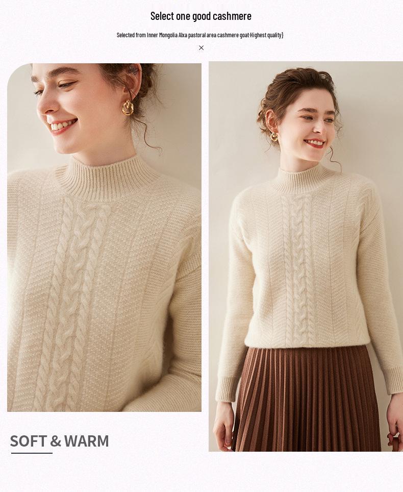 Women's Cashmere Semi-High Neck Long Sleeve Pullover - Solid Color, Casual, Loose, Thickened for Autumn/Winter.