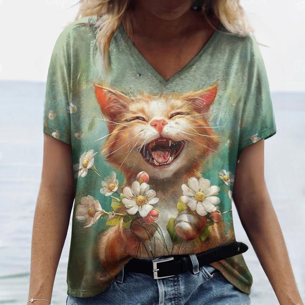 Summer Women's T Shirt Cat Print Casual Short Sleeve 3d Fashion Streetwear Crew Neck Pullover Female Clothing Shirt