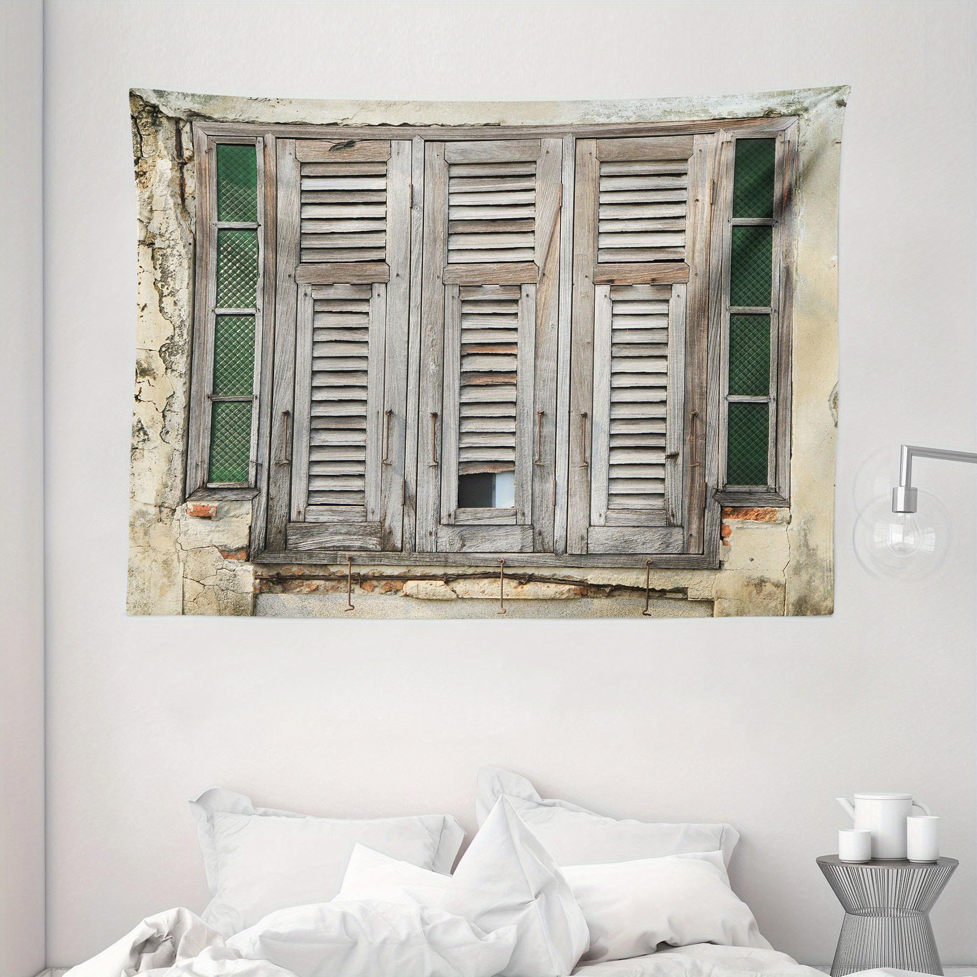 Tapestry Wide Wall Hanging - Durable Lightweight Machine-Washable Fabric, Digitally Printed Rustic Window Shutters & Brick Wall 100X70CM
