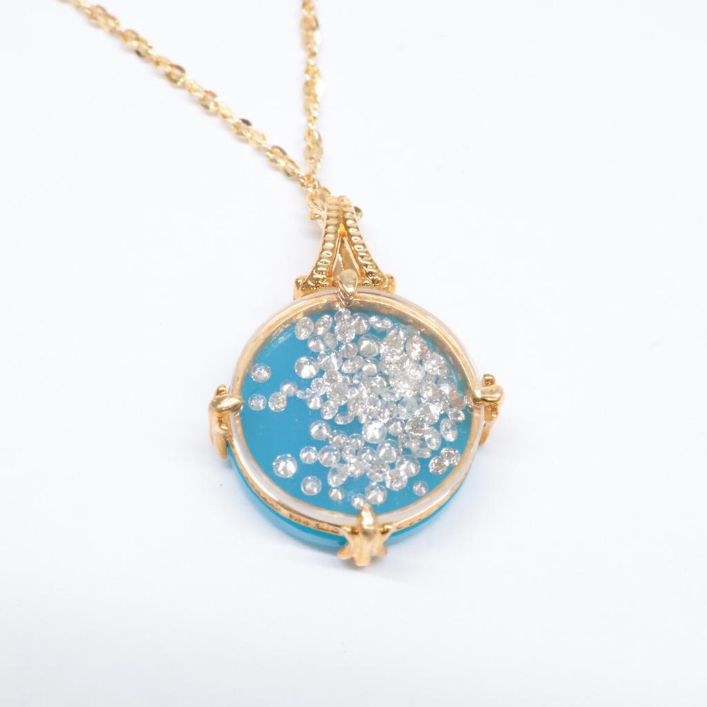 K18 Junko Ishigaki QVC Mille Chante Diamond Turkey Stone Pendant Top & Moon Design Necklace Yellow GoldUsed