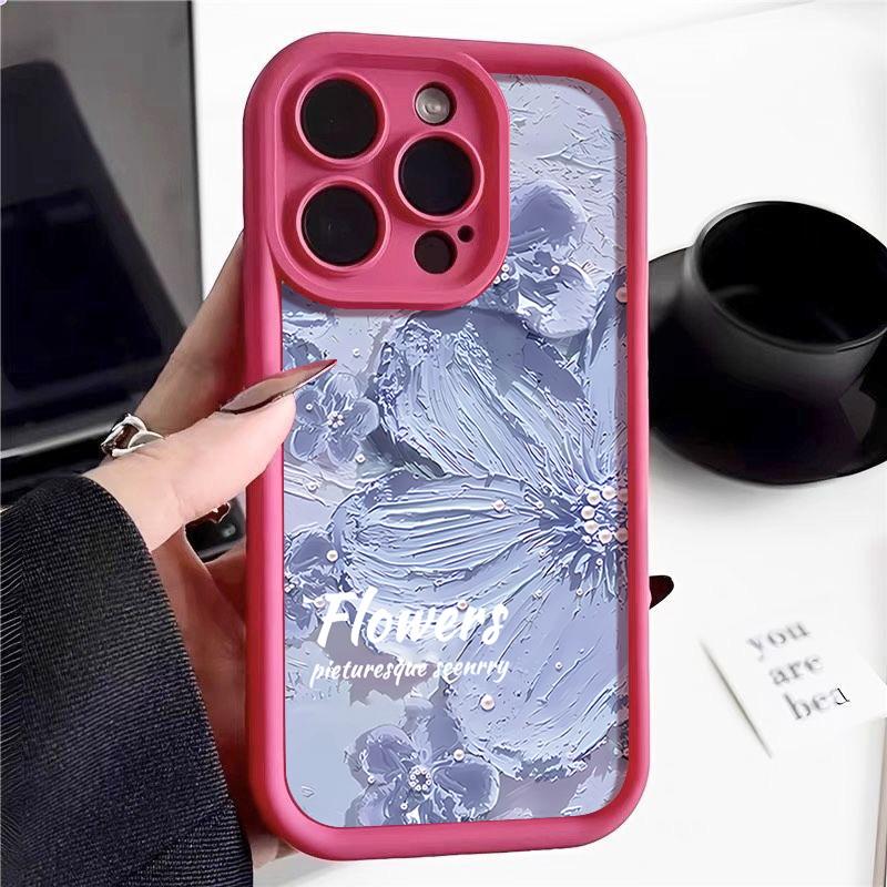 Candy Color Tpu Soft Phone Case for iPhone 16 Pro 15 14 Plus 13 12 11 Pro Max Xs Xr 8 7 Shockproof Relief Blue Flower Pattern Lens Protection Cover