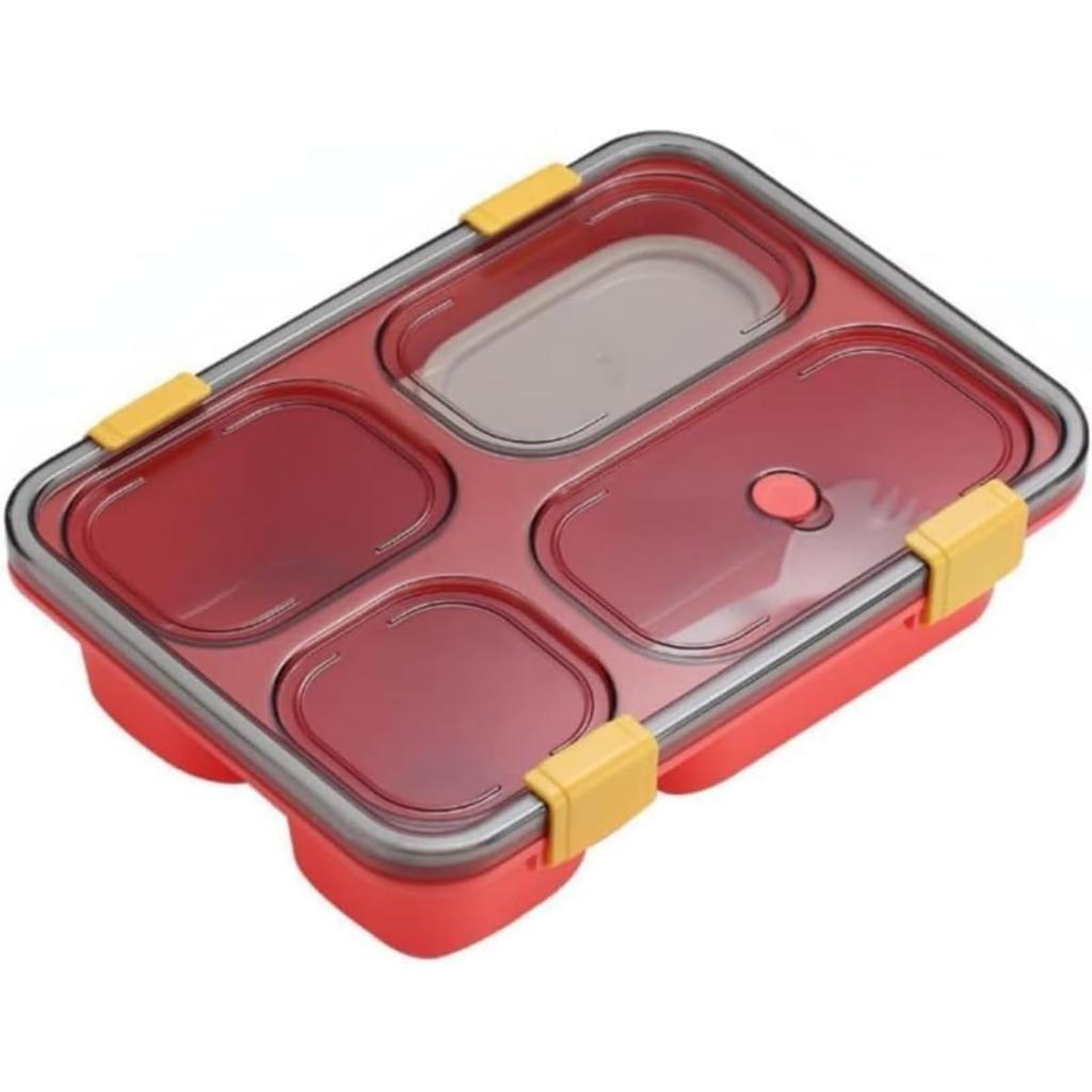 Oanawy Lunch Tray, Student Lunch Box, Employee Cafeteria, with Lid, Airtight, Microwaveable (Red, 4 Grids)