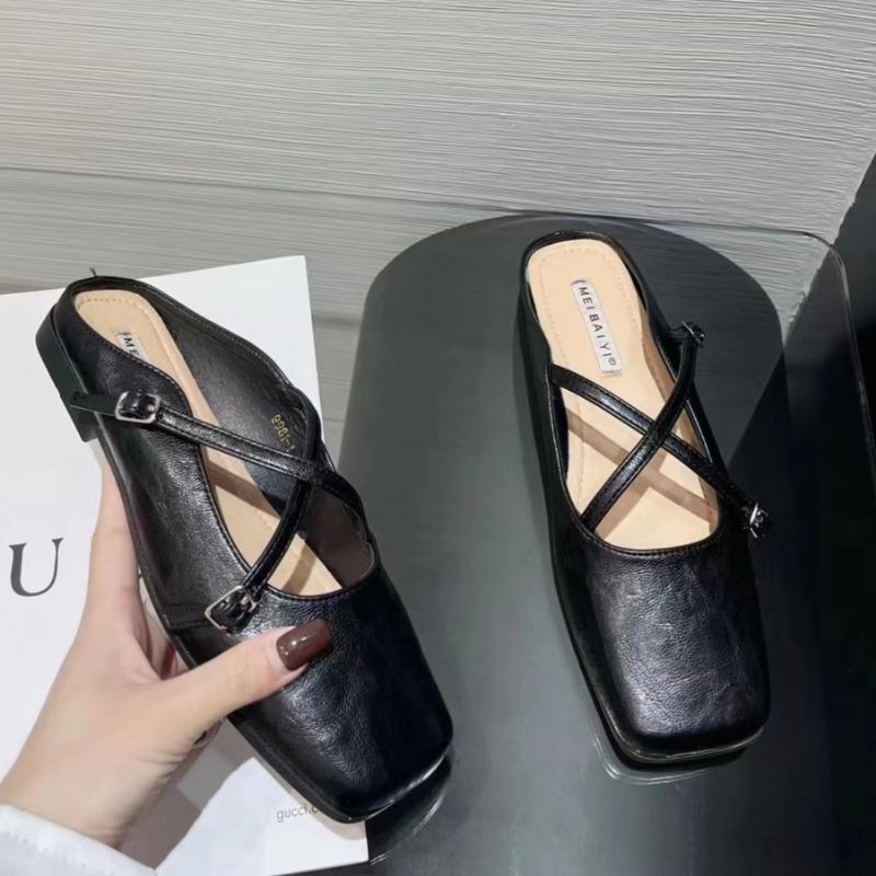 Fashion Spring New Baotou Slippers Women's Square Head Shallow Mouth Word with Soft Sole Anti-slip Wear-resistant Flat Shoes