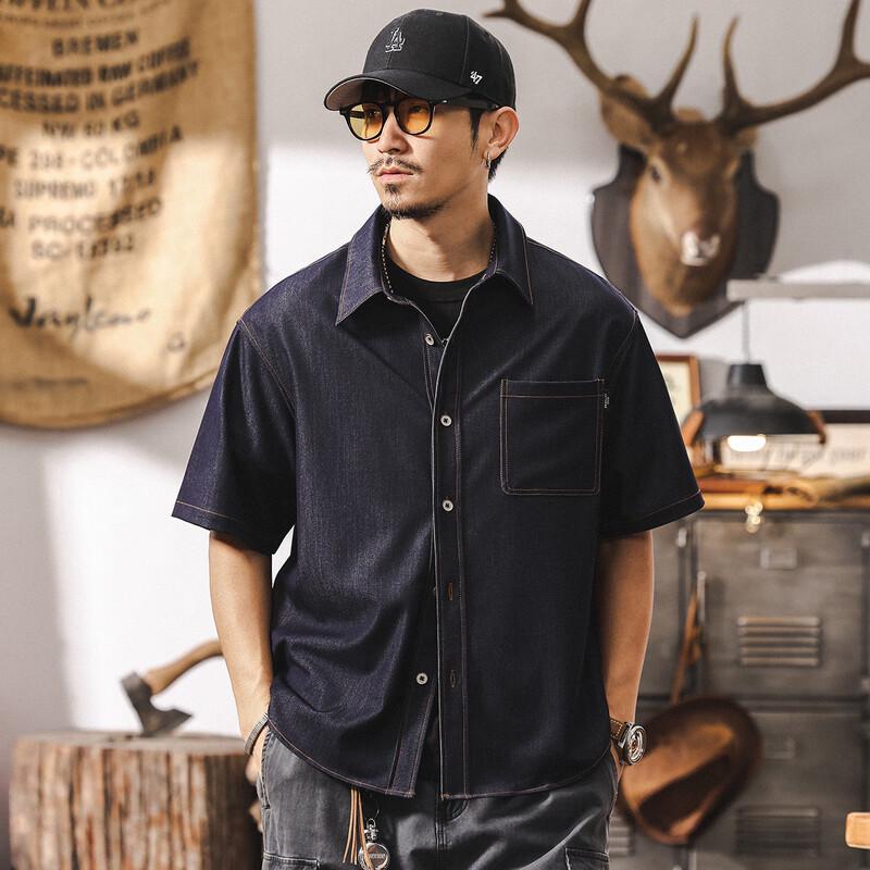 Jie Leinuo Men s Wrinkle-Free Fade-Resistant Loose Denim Cuban Collar Short-Sleeve Shirt M