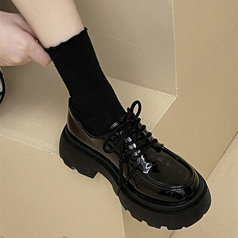 Black lace-up small leather shoes women's college style new versatile thick-soled heightening single shoes tide