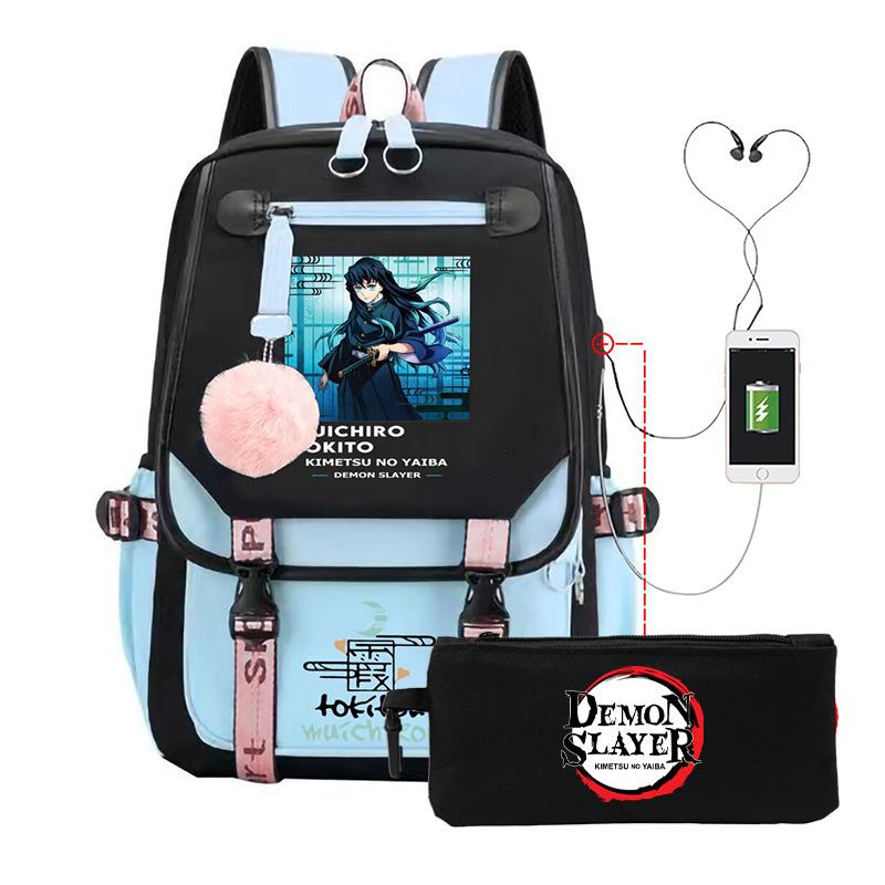 Casual Korean version schoolbag ghost extermination animation two-dimensional trend boys and girls USB backpack two-piece set