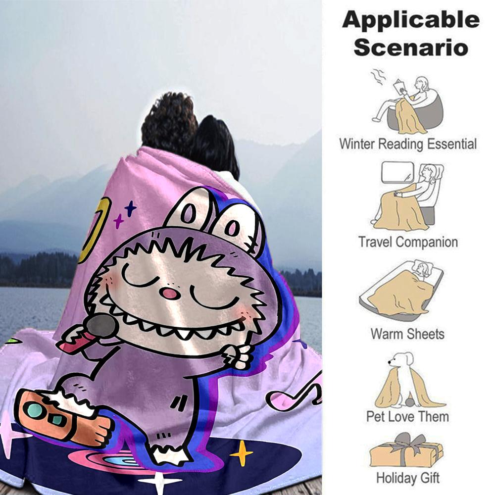 1Pc Labubu Cute Cartoon Blanket Soft Comfortable Polyester Blanket All Season Cozy Throw Bedroom Office Outdoor Use Christmas Gift Choice Print Home B