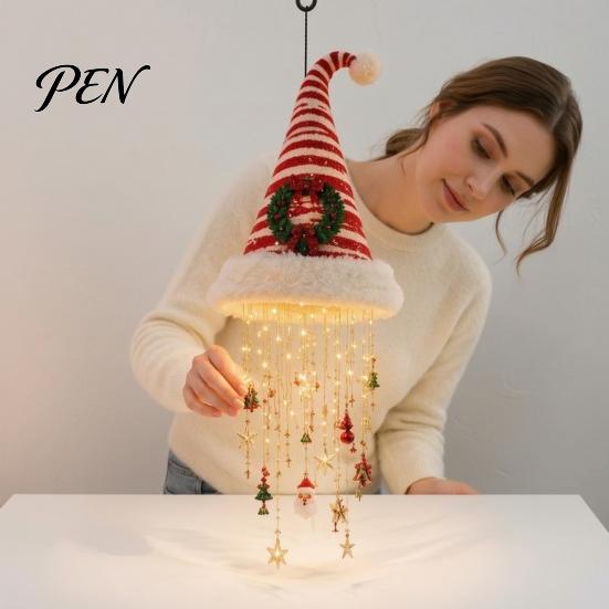 Christmas Hat Shaped Wall Decor Lighted Santa Hanging Chandelier, Warm LED String, Sequined Cone Pendant with Housewarming Gifts for Chime Star