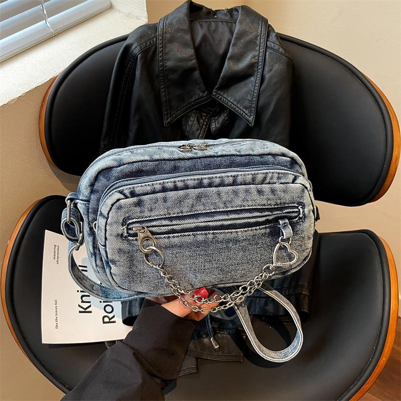 Washed Denim Crossbody Bag with Front Zipper Pocket and Decorative Chain Detail Casual Shoulder Purse for Women Daily