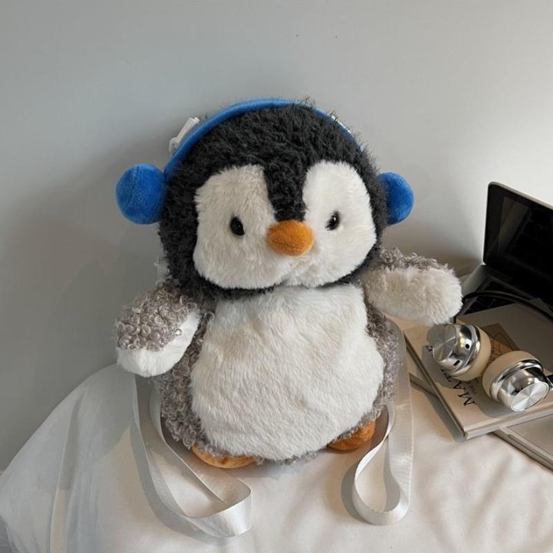 Cute Anime Headphones Penguin Plush Backpacks Kawaii Cartoon Animal Crossbody Bags Funny Plushie Schoolbags for Women Gift