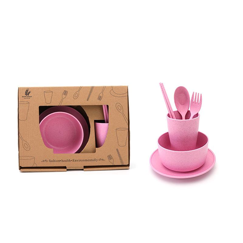 6 Stück/Set Weizenstroh Baby Geschirr Kinder Essgeschirr Schüssel Fütterung Säugling Lernen Abendessen Besteck Löffel Essstäbchen Gabel Tasse Neu