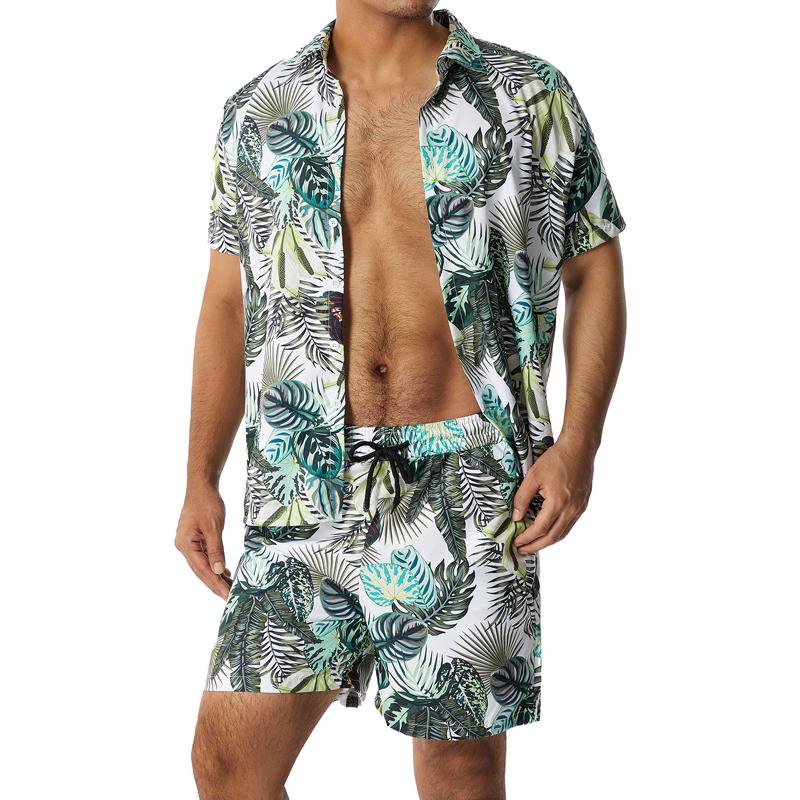 

Summer New Men s Lapel Short Sleeved T-shirt Set, Hawaiian Suit, Fashionable Printed Casual XXXL