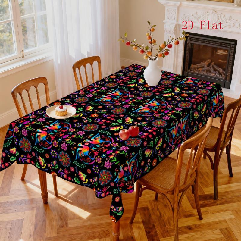 2D Flat 1pc-Mexican Floral Tablecloth, Mexican Rectangular Tablecloth, Washable Tablecloth Suitable for Home Kitchen Party Picnic Decoration, 2D Flat