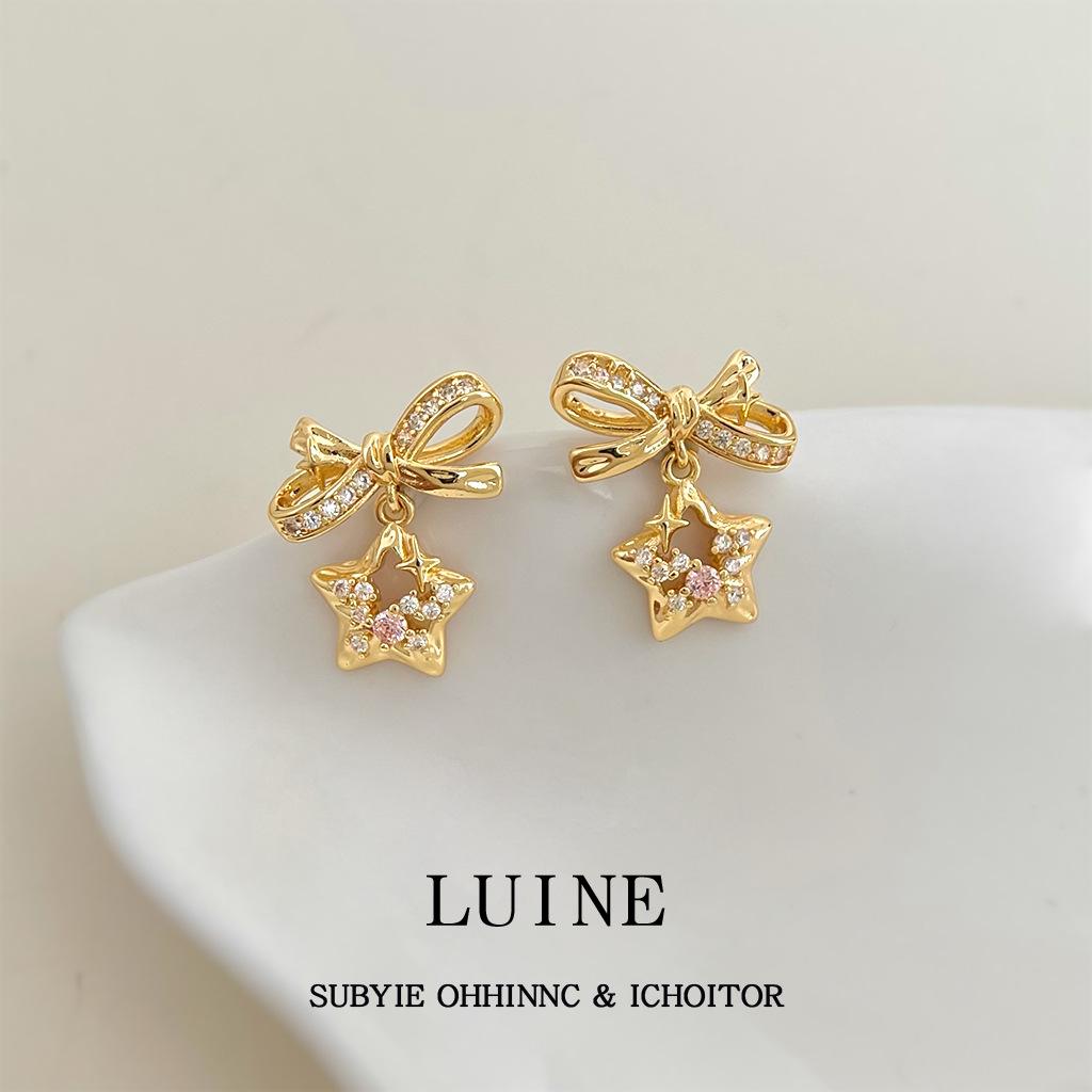Original meteor bow sweet design needle slightly inlaid zircon new earrings, earrings