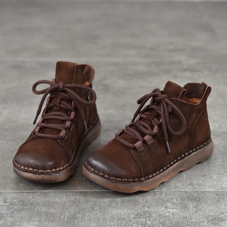 Johnature Scarpe da Donna in Vera Pelle Morbida Pelle Bovina Punta Rotonda Retro Stivaletti Bassi Piatti con Suola Morbida