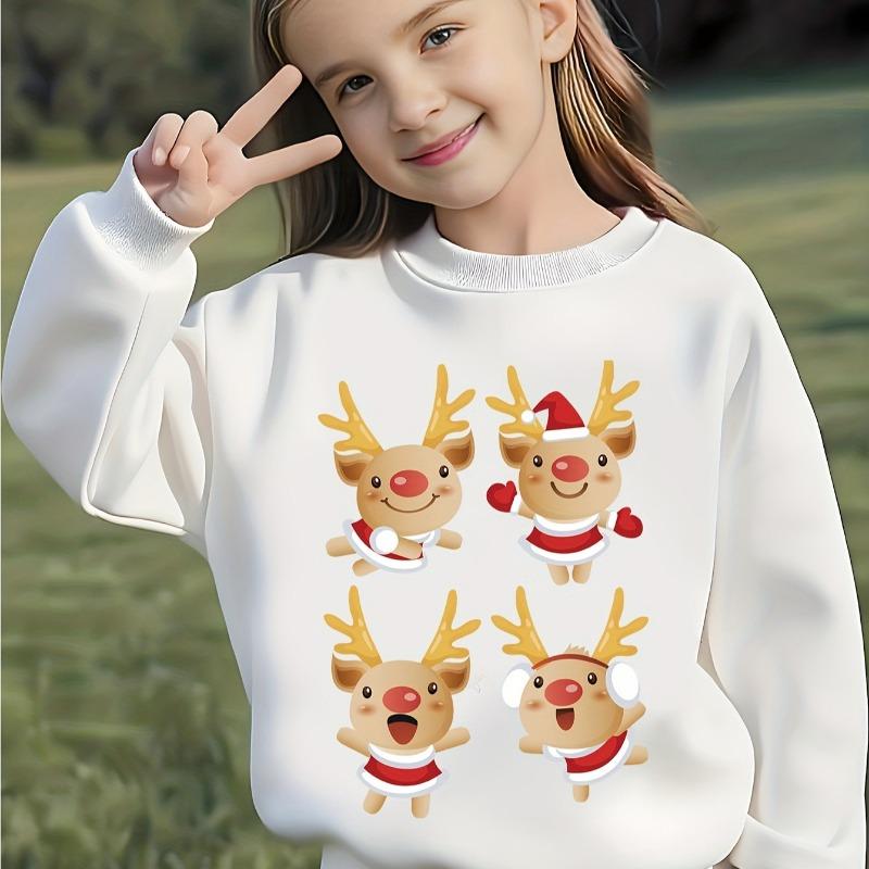 Kids Crewneck Long Sleeve Sweatshirt, Cute Four-Panel Cartoon Reindeer Disguise Print