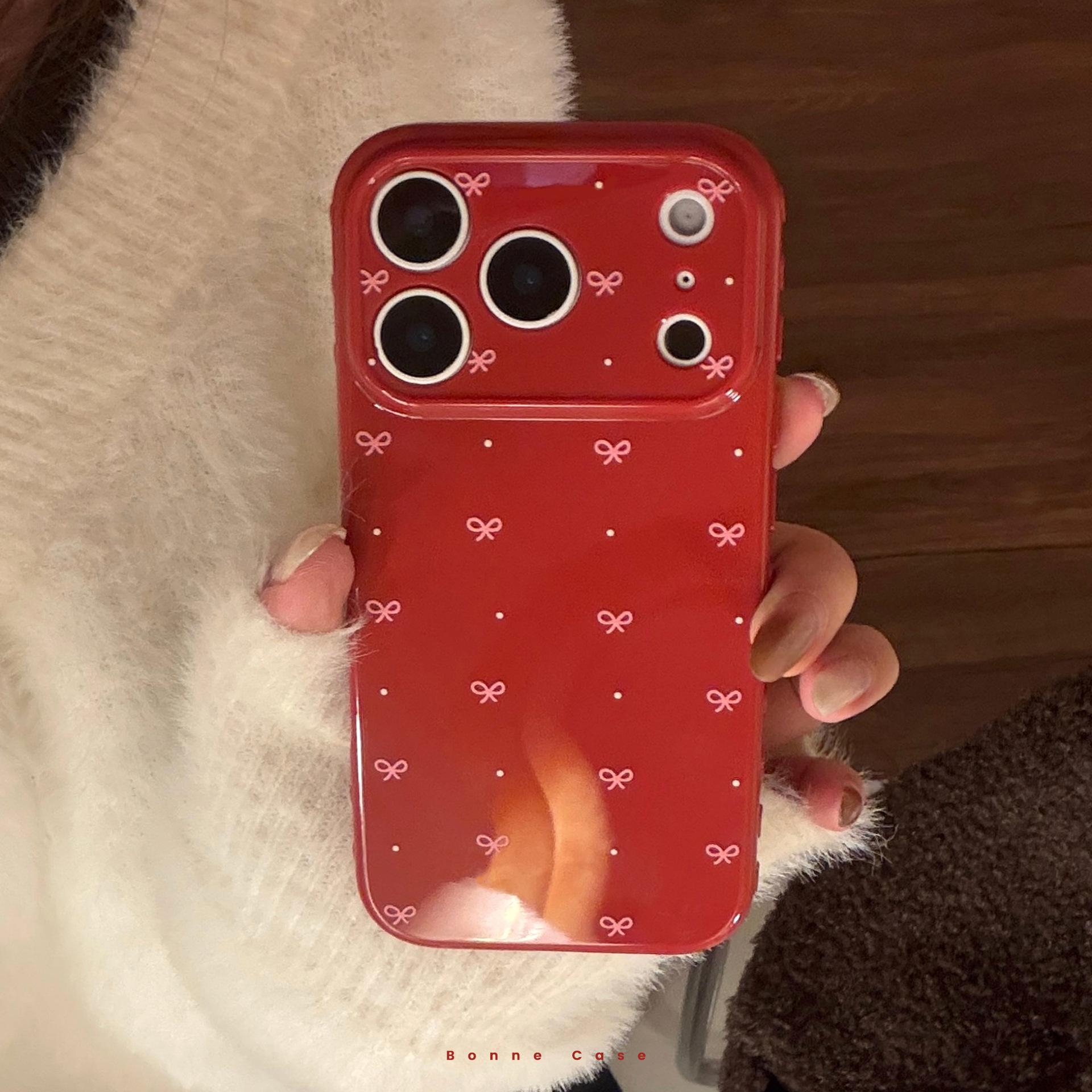 

Suitable for Apple 16 Mobile Phone Case Iphone17promax Burgundy Bow 13 Retro Simple 14 Anti-fall 17 Soft Shell iphone 11