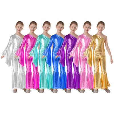 Kids Girls Romper Shiny Metallic One Shoulder Flare Sleeve Bodysuit Dance Jumpsuit Gymnastics Figure Skating Dance Wear