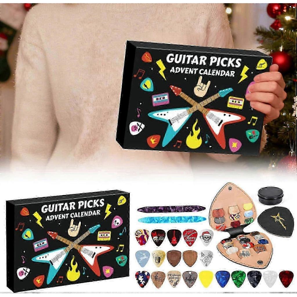 2025 Christmas Guitar Picks Advent Calendar,24-Day Countdown with 20 Celluloid & Wood Picks In Multiple Gauges, Pick Holder & Metal Tin Case, for Guit