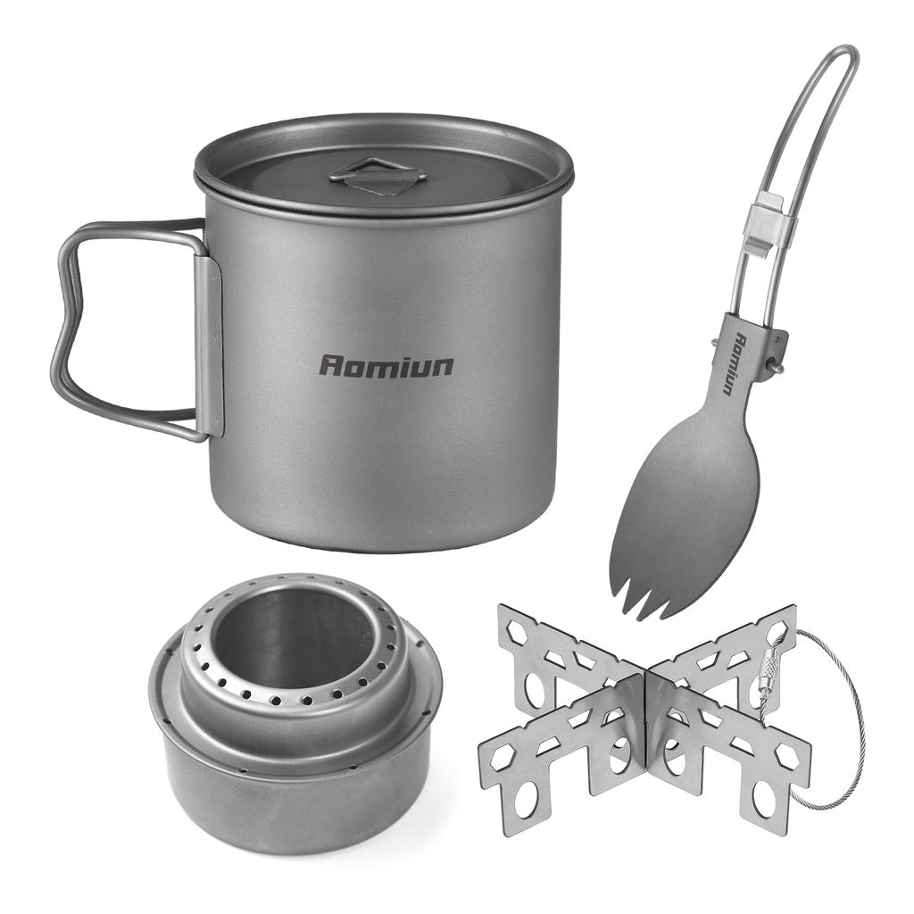 Kempingová sada na vaření Ti 500ml Hrnek Vidlička Lžíce Alkoholový vařič Křížová podpěra Přenosné kempingové sady na vaření pro 1 osobu