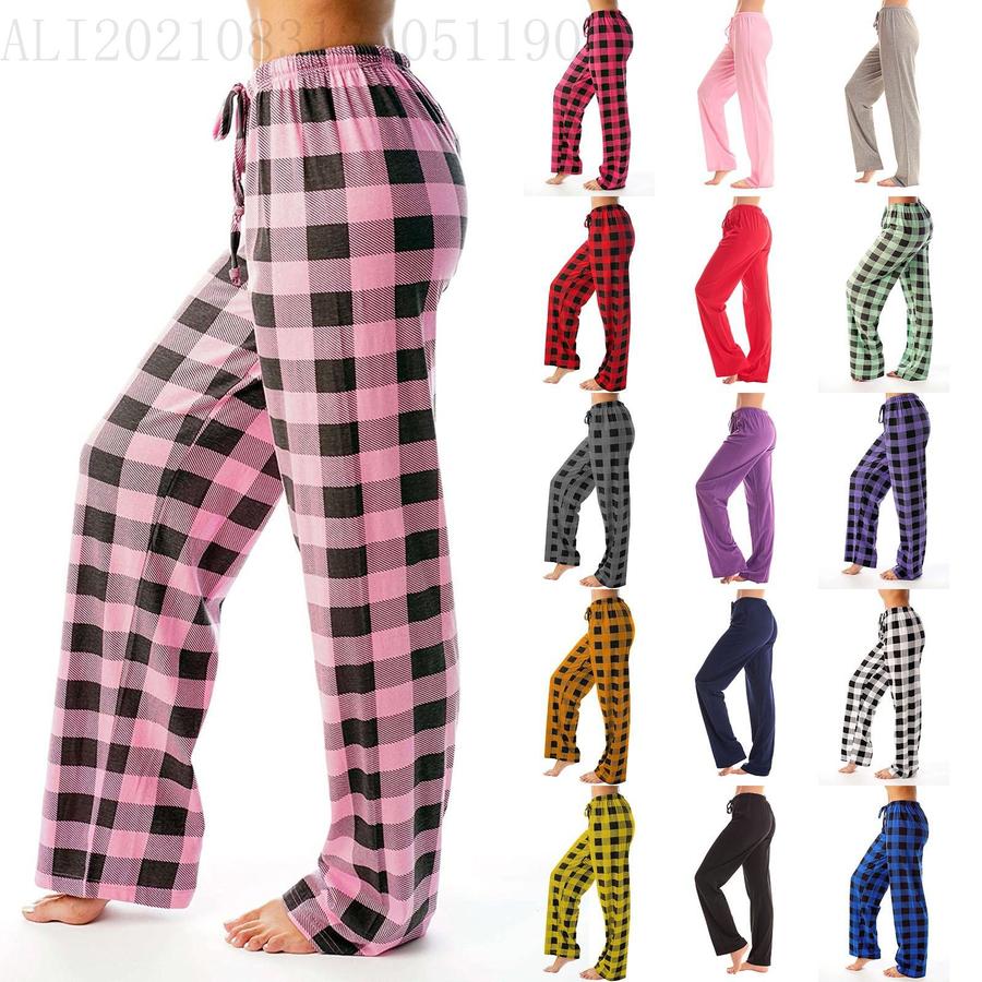 Women's Spring/Autumn Tie-Waist Plaid Printed Pants Casual Trousers Loungewear Pants