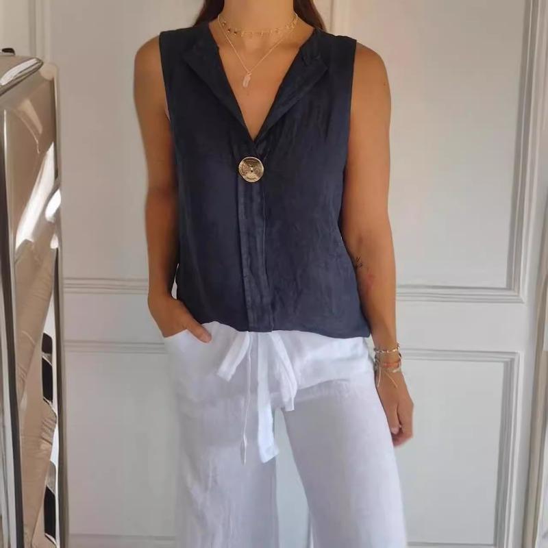 Fashion V-neck Sleeveless Casual Women Summer Shirt Plus Size Female Loose Streetwear Office Simple Blouse Solid Color Tops Women's Clothing